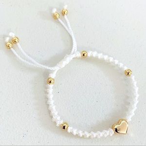 Stainless Steel Golden Puffed Heart Ajustable Macrame Bracelet White
